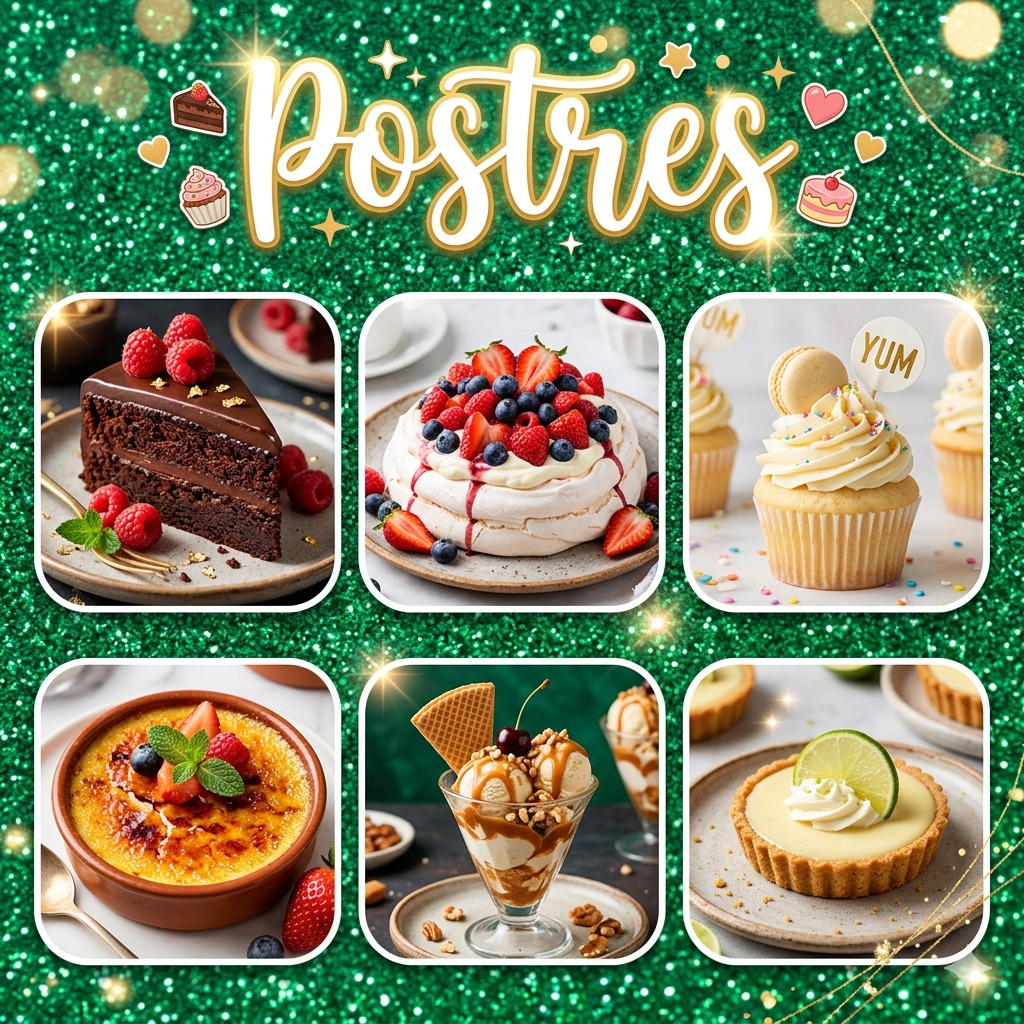 Dessert collage with six sweet treats and the word Postres on a glittery green background