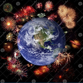 Planet Earth surrounded by colorful fireworks exploding against a dark space background