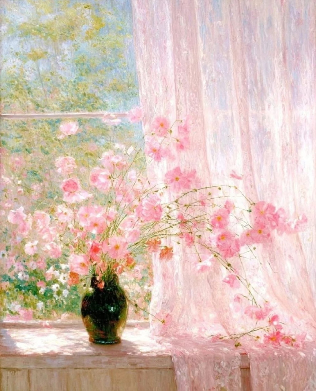Impressionist painting of pink flowers in a vase beside a sunlit window and pink curtain