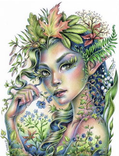 Colored pencil drawing of a fantasy elf woman with green leaves, ferns, and flowers woven into her hair