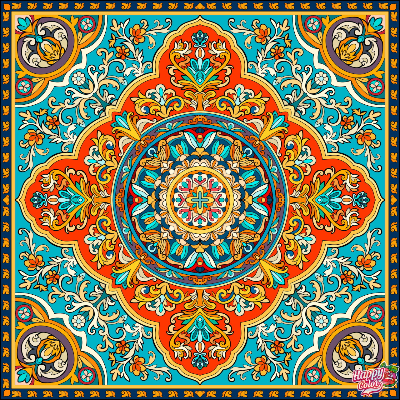 Colorful symmetrical mandala with intricate floral and geometric patterns in turquoise, orange, and gold