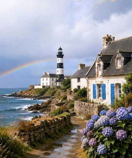 Black and white striped lighthouse on rocky coastline with rainbow and cottage with blue shutters and hydrangeas
