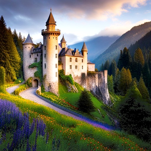 Medieval castle with turrets on hillside surrounded by forests and lavender fields at sunset