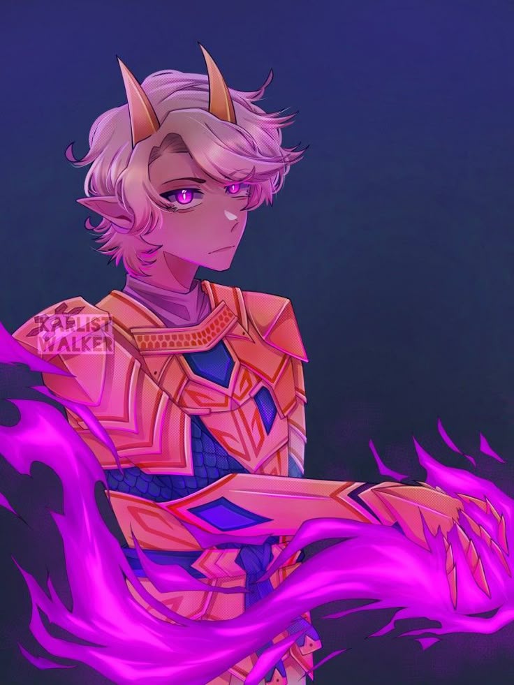 Anime-style character with pink hair, horns, and purple magical energy against dark blue background