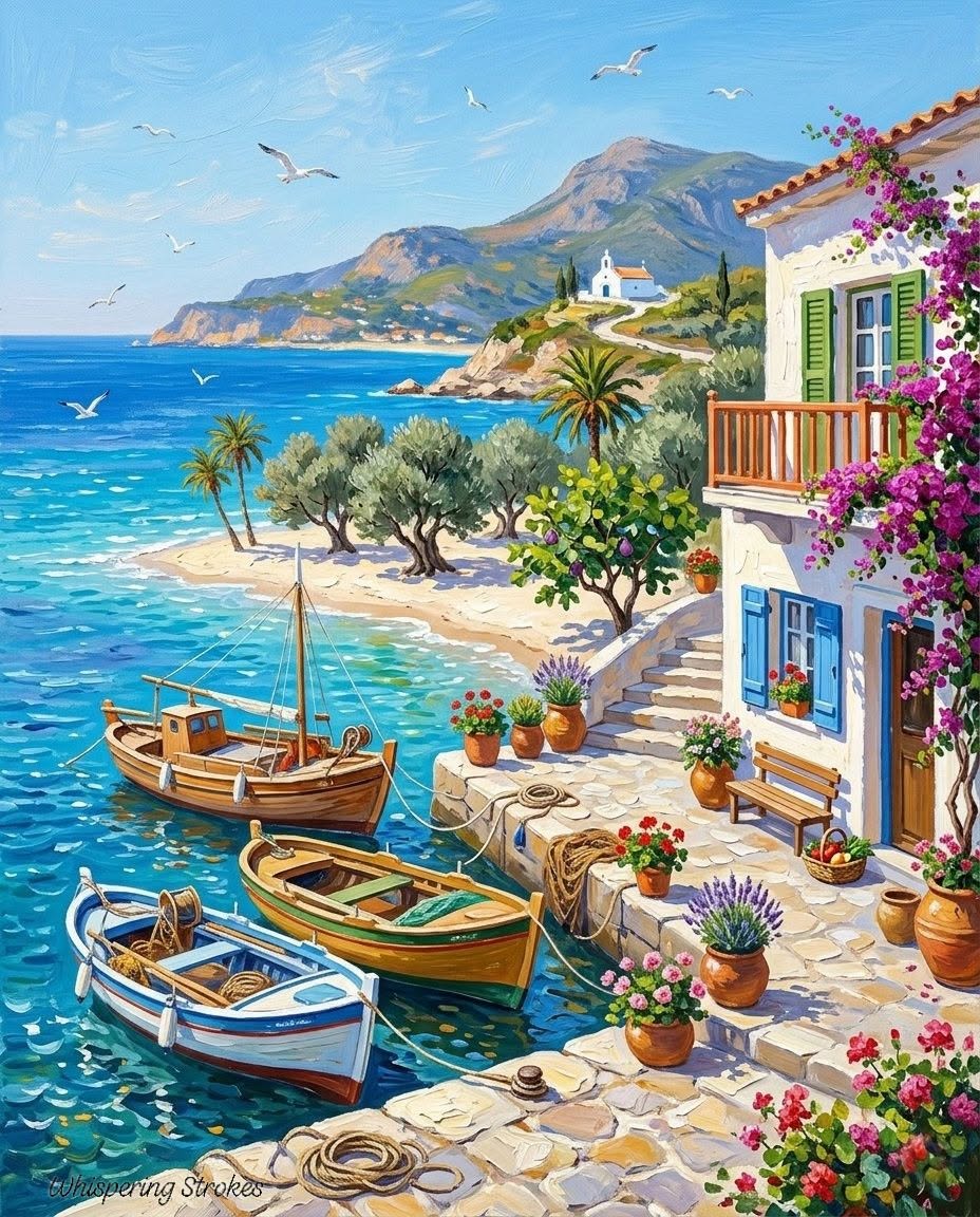 Painting of a Mediterranean coastal village with boats, stone terrace, flowers, and turquoise sea