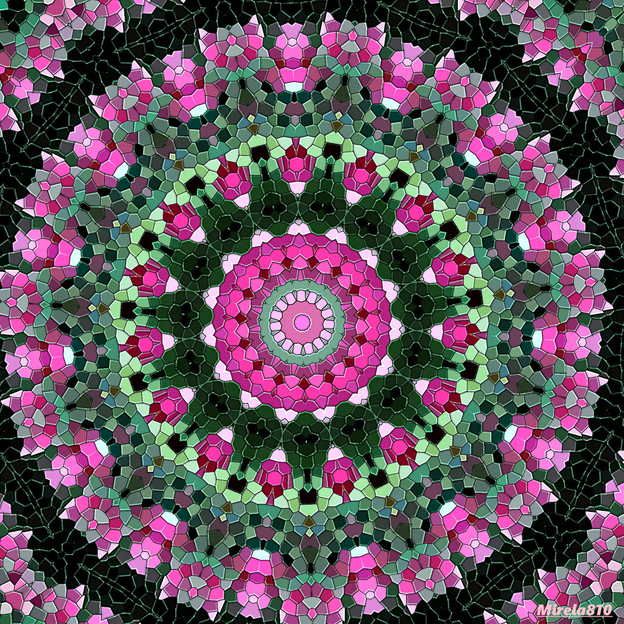 Colorful mandala with pink flowers and green foliage arranged in symmetrical concentric circles