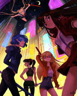 Anime-style illustration of four girls in a neon-lit city street with colorful glowing buildings