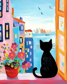 Black cat silhouette by window with colorful houses, flowers in pot, and ocean view with sailboats