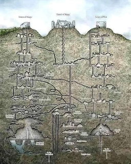 Cross-section illustration of underground mine with tunnels, shafts, and equipment through mountain layers