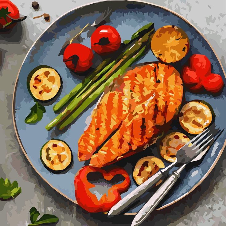 Illustrated plate of grilled salmon with asparagus, potatoes, and tomatoes