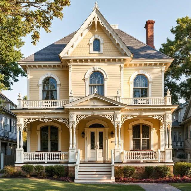 Pale yellow Victorian house with decorative trim, arched windows, and a front porch