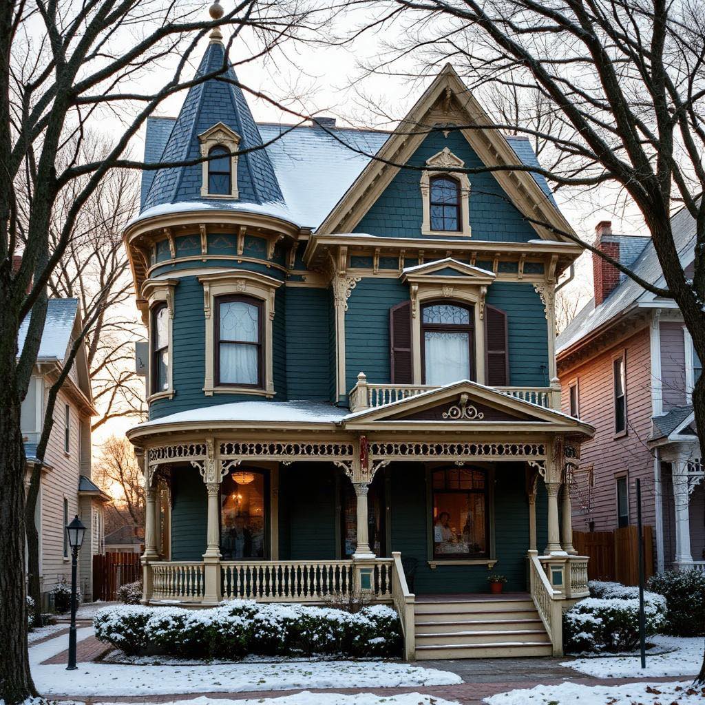 Blue Victorian house with turret and porch in winter, framed by leafless trees