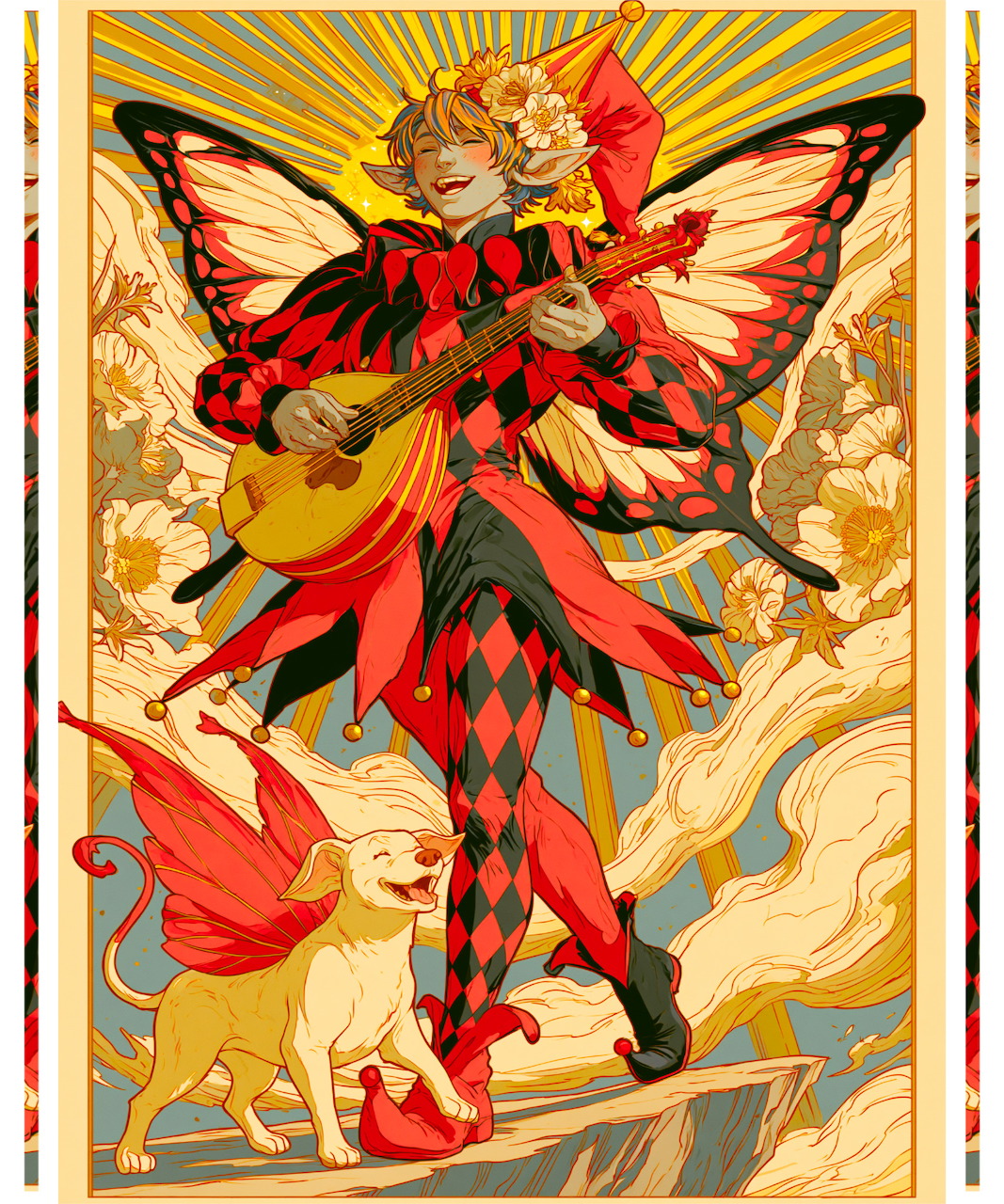 Harlequin Fairy with Lute and Dog