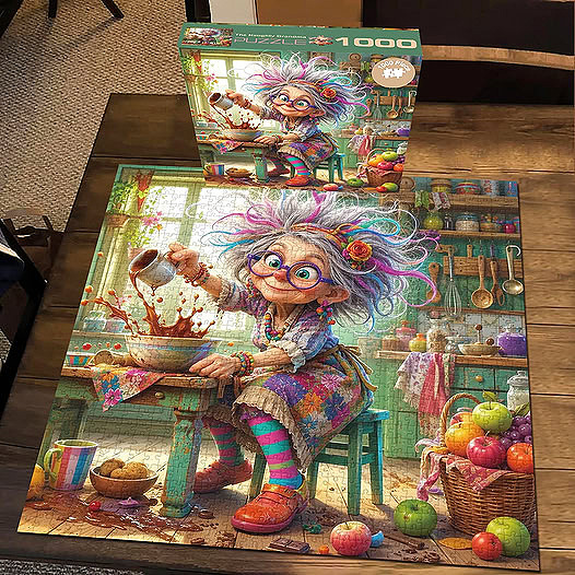 Photo of a puzzle and box featuring a colorful cartoon grandma baking in a kitchen