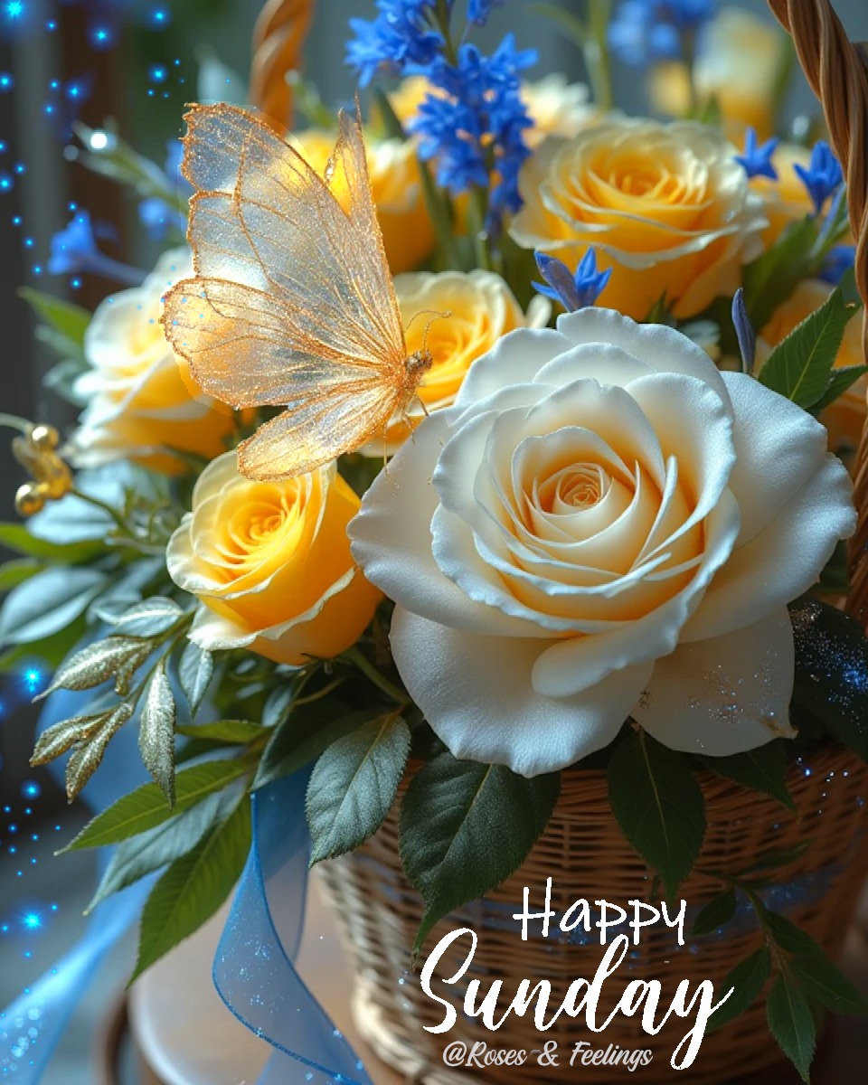 Basket of yellow and white roses with blue flowers and a sparkling translucent butterfly