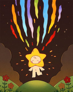 Illustrated figure in yellow floating above rainbow streams in night sky with flowers and green hills