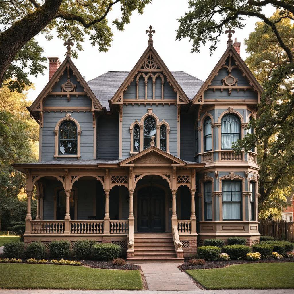 Ornate Victorian mansion with Gothic details, wraparound porch, and decorative trim surrounded by trees