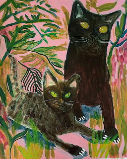 Folk art painting of two black cats with green eyes among plants on pink background