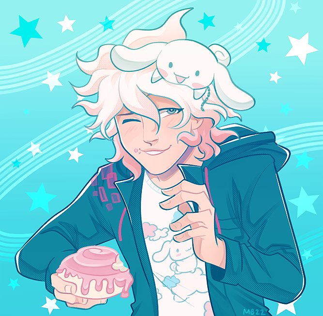 Anime boy with white fluffy hair in teal jacket holding pink Cinnamoroll plush on turquoise background with stars