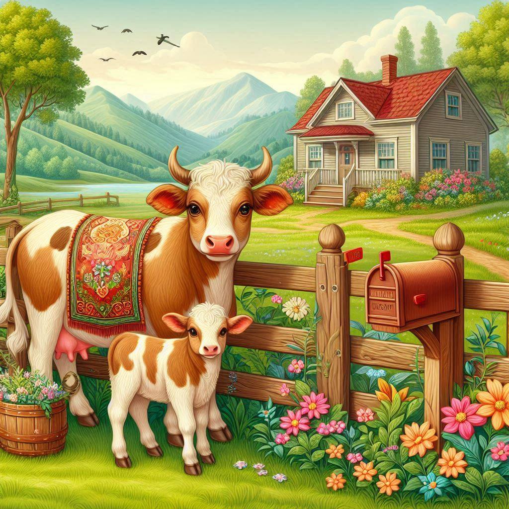Illustrated cow and calf by a fence with flowers, cottage, and mountains in the background
