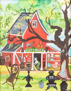 Colorful painting of a red antiques shop cottage with trees and vintage items outside