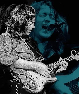 Composite image of Rory Gallagher playing electric guitar and singing into a microphone on stage