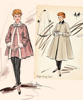 Fashion sketches of a red-haired woman wearing a pink plaid coat and a beige swing coat design