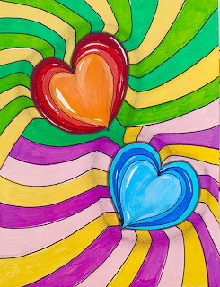 Painting of a red-orange heart and blue heart on a colorful swirling striped background
