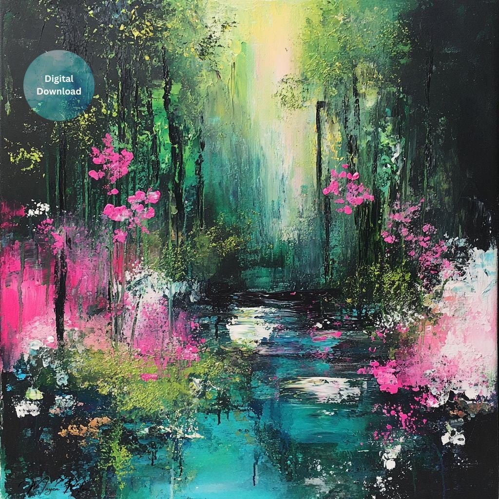 Abstract painting of a bright forest stream with pink flowers and turquoise water in green woodland