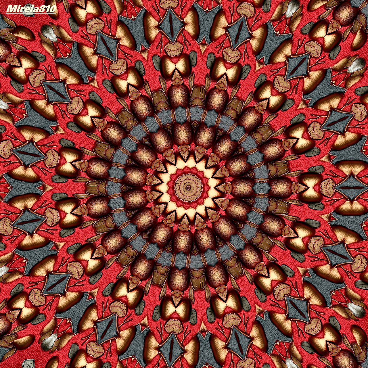 Symmetrical mandala with intricate red, gold, and black geometric patterns radiating from a central circle