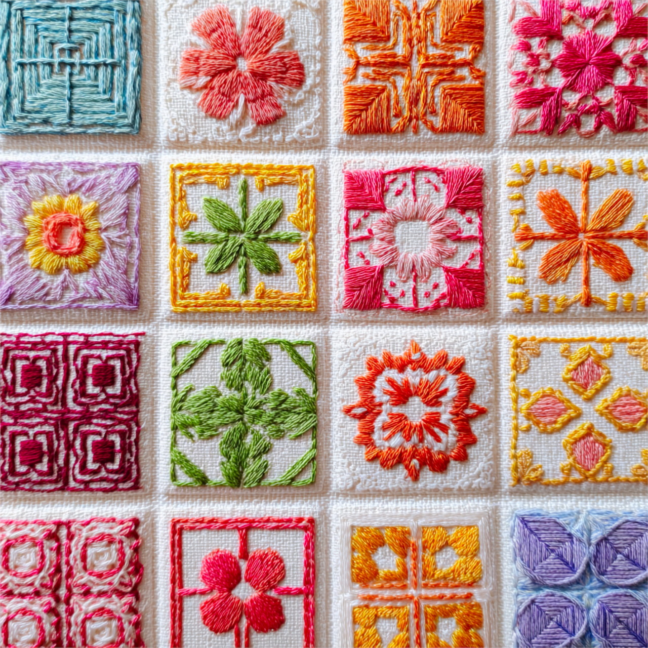 Grid of colorful embroidered quilt squares with floral and geometric patterns in pink, orange, green, and purple thread