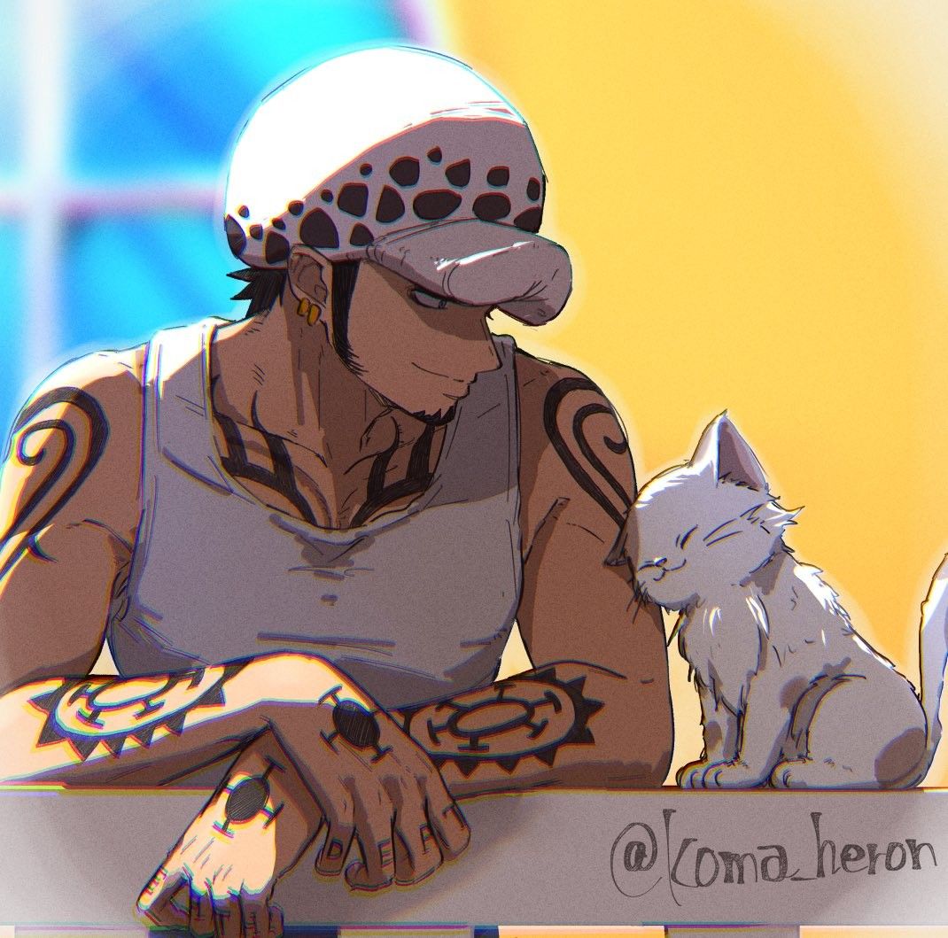 Anime character Trafalgar Law in spotted hat sitting at table with white cat beside him