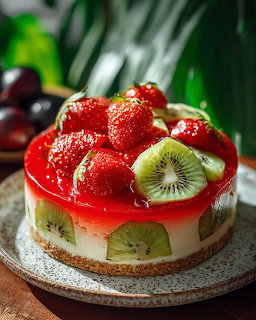 Round cheesecake with strawberries, kiwi slices and red jelly glaze on a ceramic plate