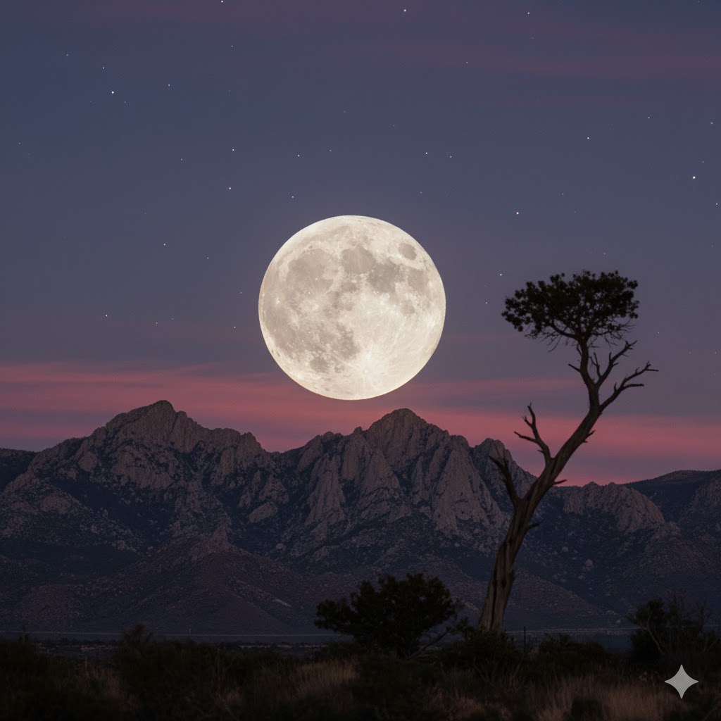 Full moon above rugged mountains at dusk with a silhouetted tree and faint stars