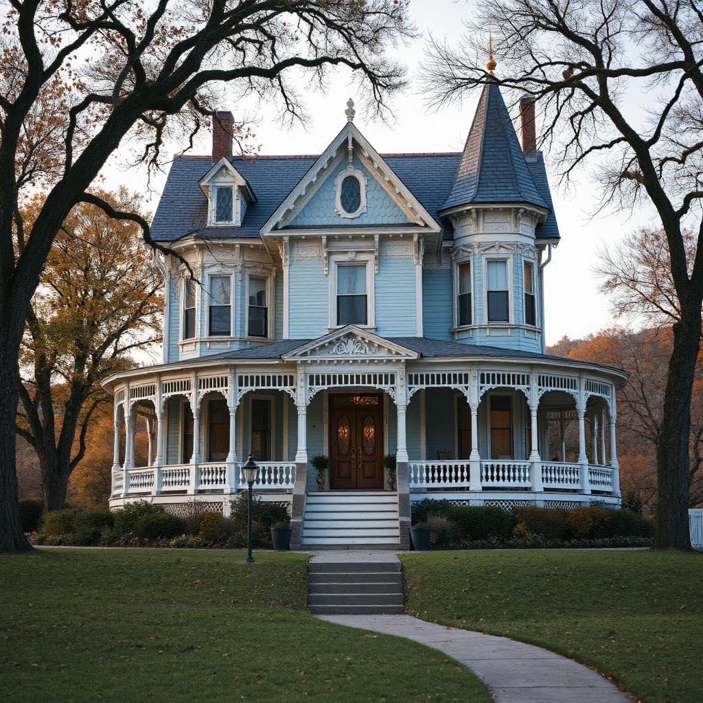 Victorian house with wraparound porch, turret, and blue roof framed by leafless trees