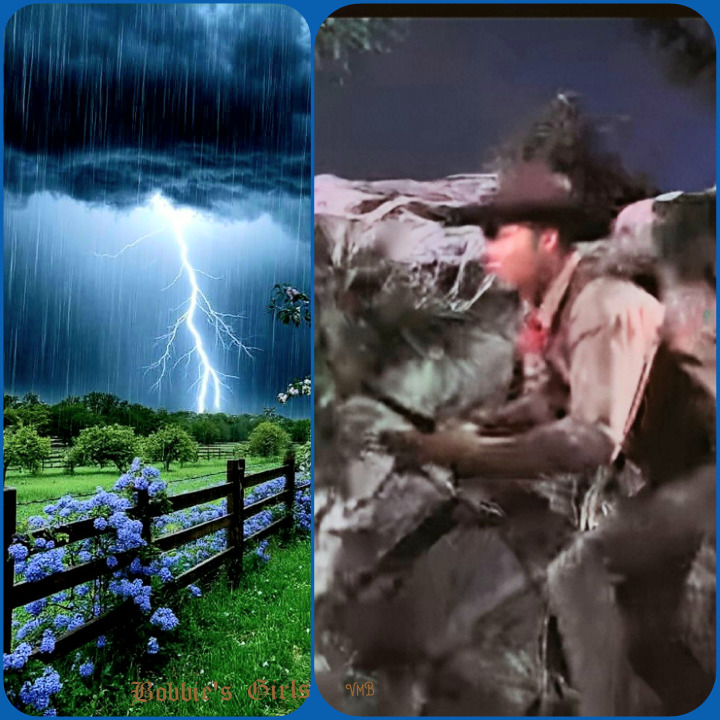 Collage of a lightning storm over a fence and flowers beside a man climbing rocks at night