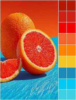 Sliced red grapefruit and whole oranges on blue surface with color palette swatches on the right