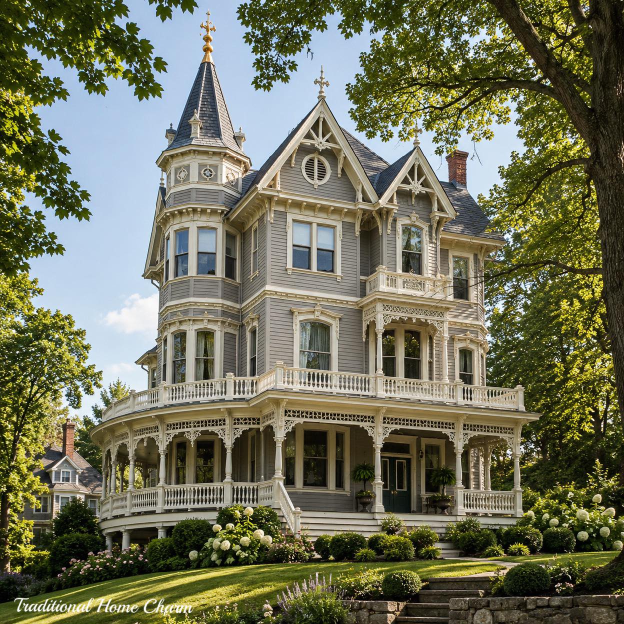 Three-story Victorian mansion with tower, wraparound porches, ornate trim, surrounded by trees and landscaped lawn