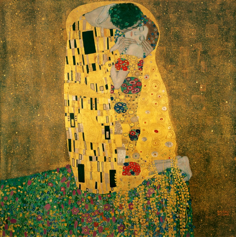 Gustav Klimt's The Kiss, a golden painting of an embracing couple in ornate patterned robes