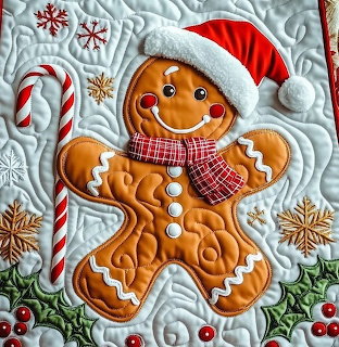 Smiling gingerbread cookie with Santa hat, scarf, candy cane, and holly on a quilted Christmas background