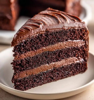 Slice of chocolate layer cake with chocolate frosting on white plate