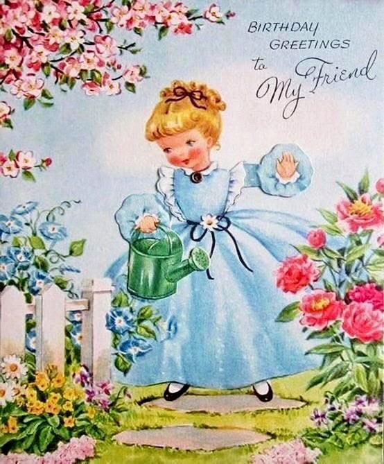 Vintage birthday greeting card with a little girl in a blue dress watering garden flowers