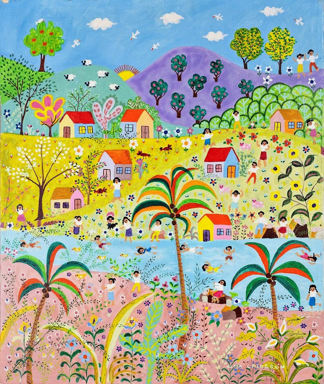 Colorful Mexican folk art painting showing a whimsical village with houses, trees, flowers and rainbows across rolling hills