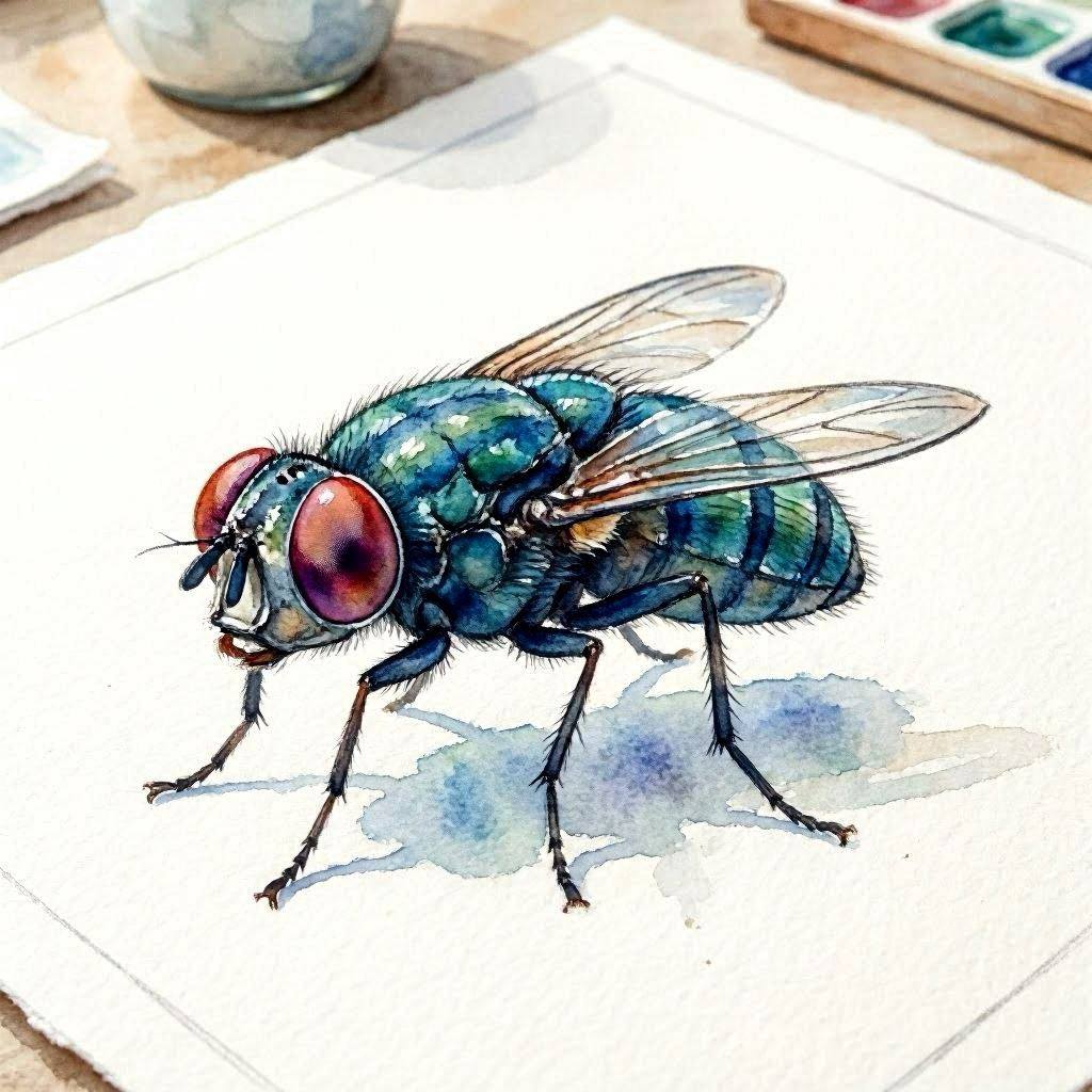 Watercolor painting of a blue-green fly with red eyes on white paper