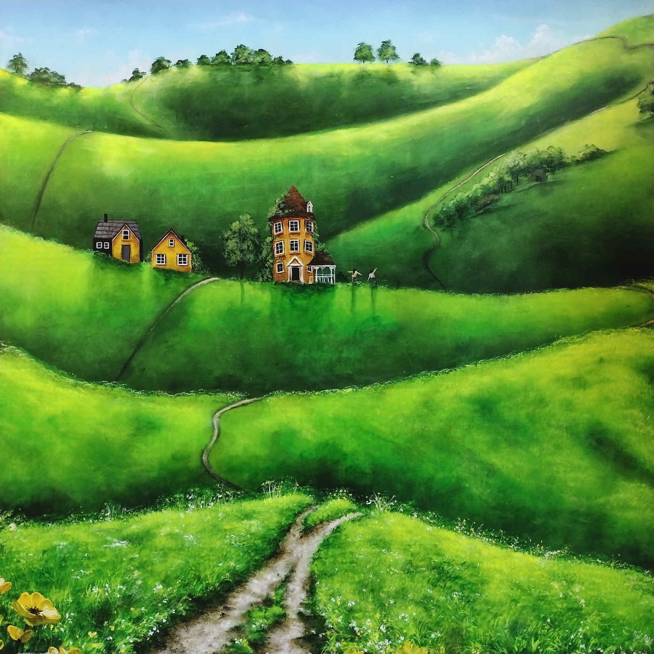 Painting of bright green hills with a winding path, small houses, and a tree beneath a blue sky