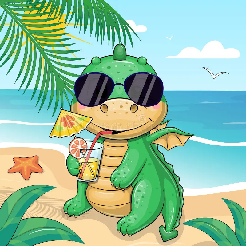 Cute green cartoon dragon in sunglasses holding tropical drink on sunny beach with palm trees and ocean