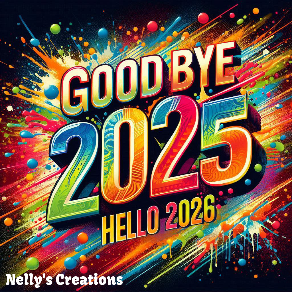 Colorful illustration reading Goodbye 2025 and Hello 2026 with bright paint splashes
