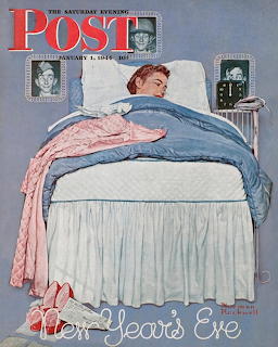Norman Rockwell illustration of a soldier sleeping in bed on New Year's Eve with photos of girls on the wall