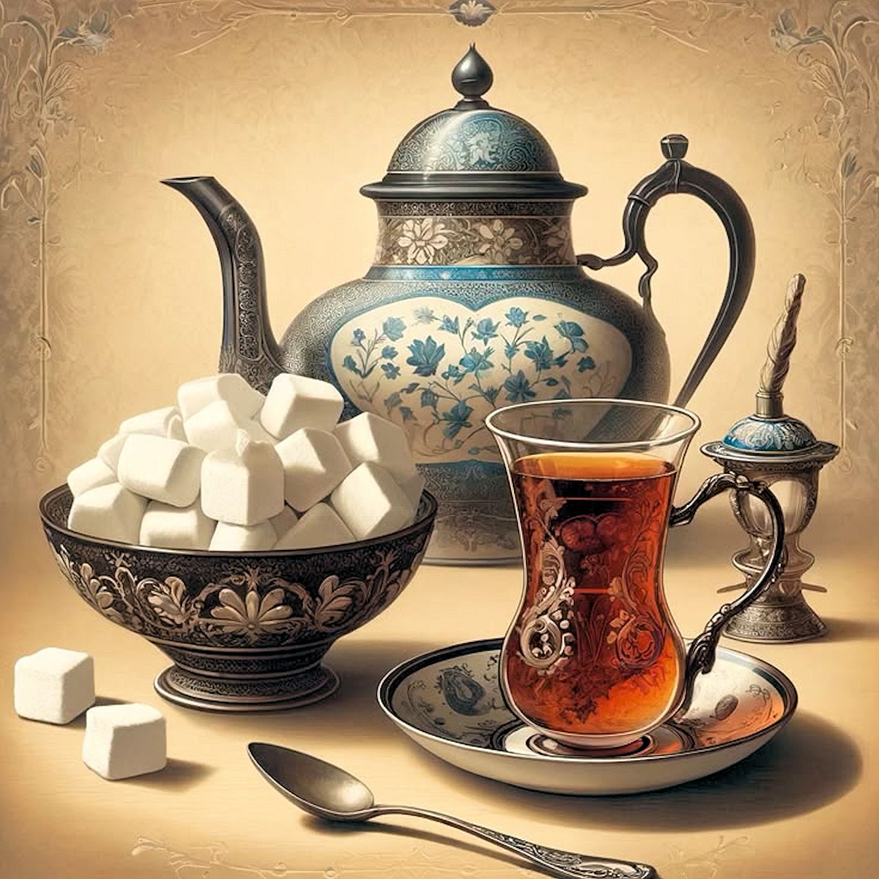 Ornate teapot, glass cup of tea, and sugar cubes in decorative bowls on neutral background