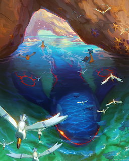 Kyogre swimming in an underwater cave with smaller Pokémon, light streaming from opening above